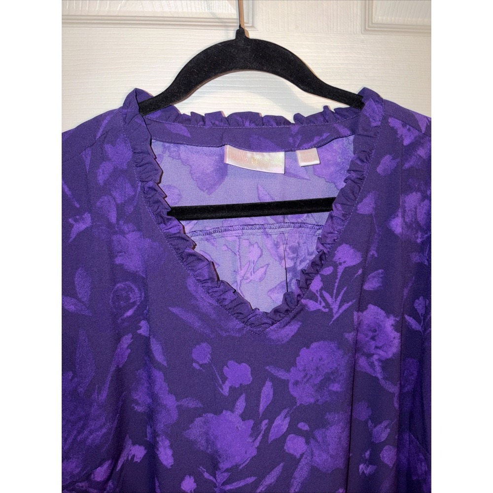 Belle Kim Gravel XL Purple Floral Ruffle Tunic Blouse Bell Sleeve Border Print - Picture 2 of 10
